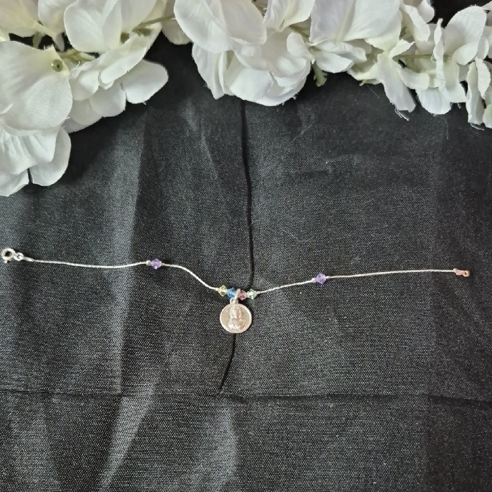 Sterling Silver Charm Bracelet with Purple and Pastel Beads